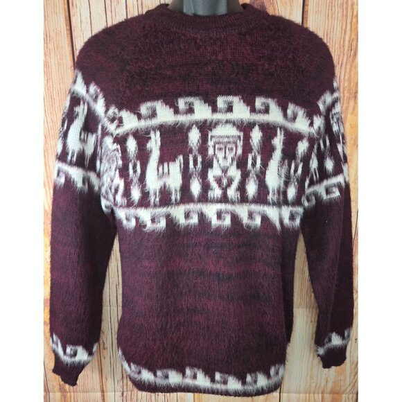 Small Alpaca Sweater Crewneck Unisex Burgundy Wool Blend - Picture 1 of 6